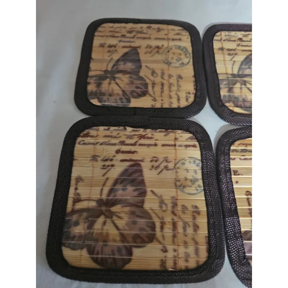 Vintage Style Bamboo Butterfly Coaster Set of 6 Brown Fabric Trim 4.5 Inch